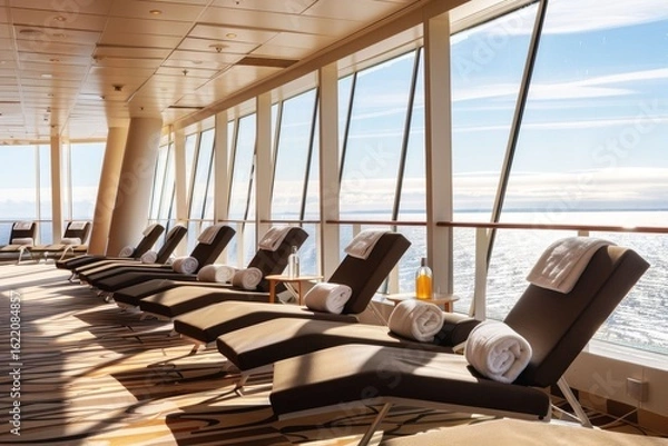 Obraz Relaxing lounge area on a cruise ship with ocean views during a sunny afternoon