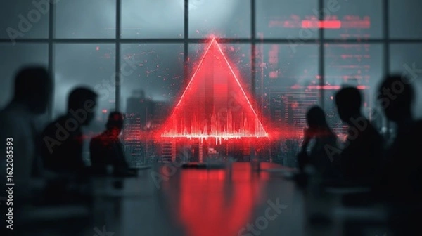 Fototapeta A dramatic red warning graphic illuminates a corporate boardroom filled with silhouettes, highlighting a tense business discussion.