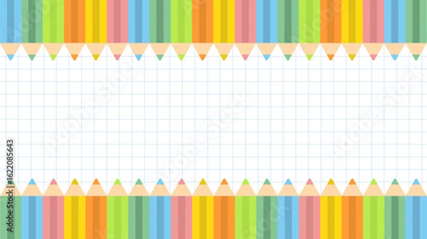 Fototapeta 上下に並んだカラフルな色鉛筆のフレーム背景下に並んだカラフルな色鉛筆のフレーム背景と枠線