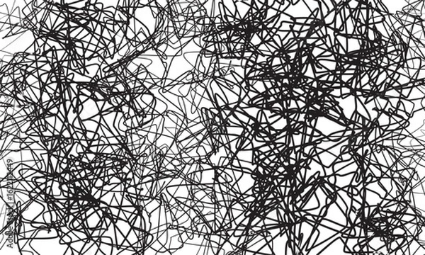 Fototapeta Abstract chaotic scribble lines – black and white messy hand-drawn tangled line pattern,.
