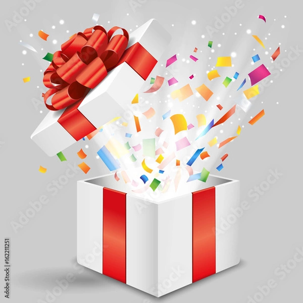 Obraz Opened gift box with shining light and confetti Vector