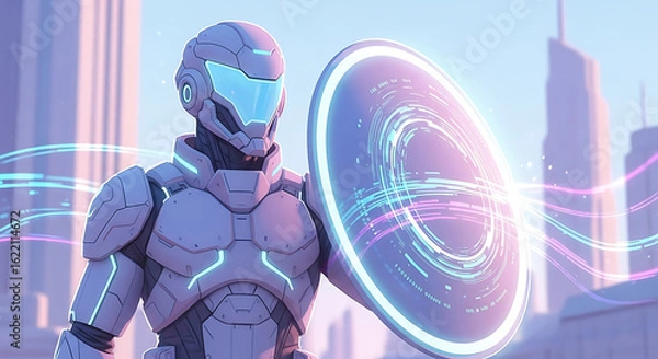 Fototapeta Futuristic cybernetic sentinel with a glowing energy shield defending a digital metropolis. Concept for future technology.