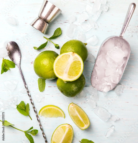 Fototapeta Mojito Cocktail.Mint, lime, ice ingredients for making  and bar utensils.Cold Drink on light background.Top View.Copy space for Text.selective focus.