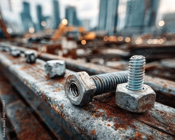 Fototapeta Rusty bolts and nuts on steel beams