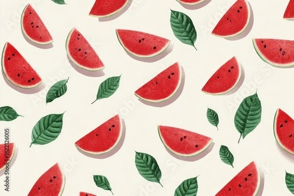 Obraz Watermelon slices and leaves pattern on beige background