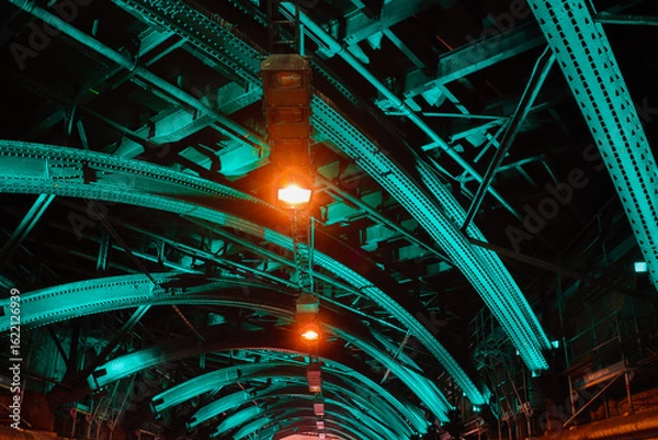 Fototapeta architecture of a steel bridge in green light