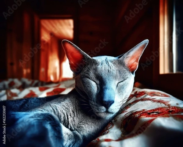 Fototapeta Sleepy cat on a bed