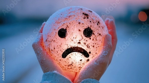 Fototapeta Snow-covered hands hold a glowing sad face