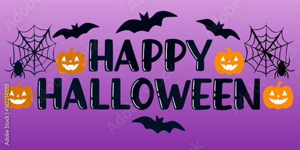 Fototapeta Halloween greeting with pumpkins bats spiders and webs on purple background