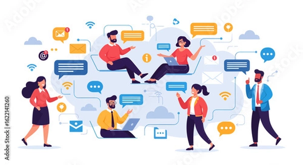 Fototapeta Modern business team communicating through a digital network. Flat vector illustration of people collaborating online, social media interaction, and remote teamwork.
