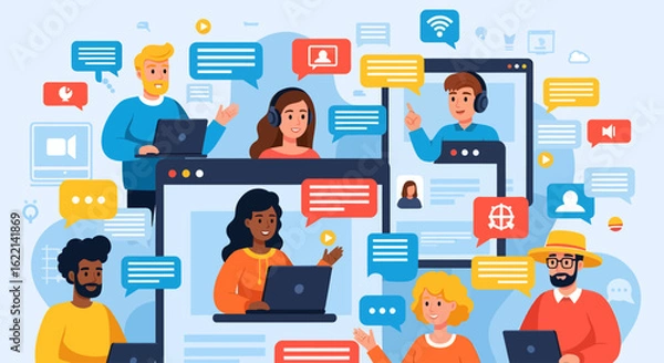 Fototapeta Vector illustration of a diverse online community engaged in digital communication and virtual meetings on a network