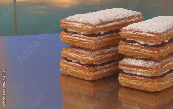Fototapeta Stacked pastries with cream filling