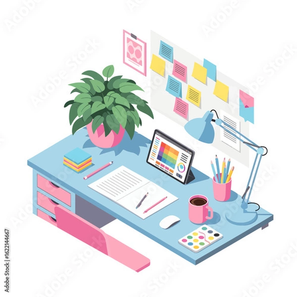 Fototapeta Modern designer's workspace in isometric view. Creative artist desk with digital tablet, art supplies, and home office setup.