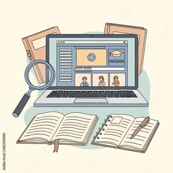 Fototapeta Online learning and distance education concept. Hand-drawn illustration of a laptop with a webinar, books, and study materials.