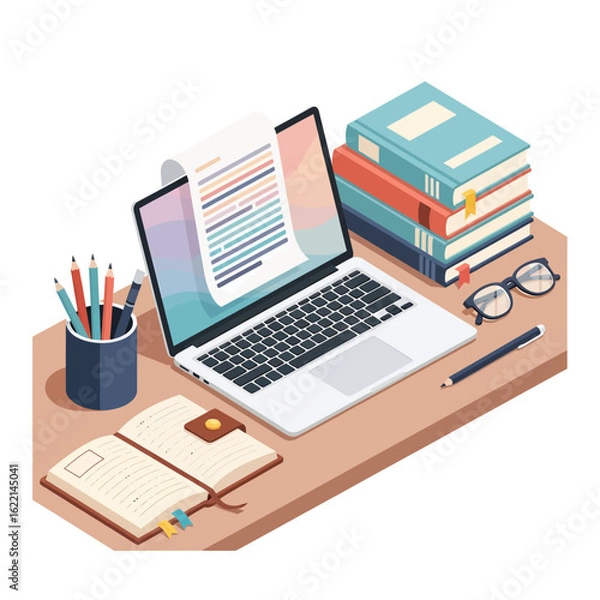 Fototapeta Modern isometric workspace for creative writing, studying, or online education. A laptop with a digital document, books, and a notebook on a desk.