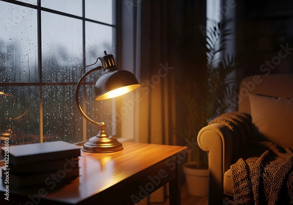 Fototapeta Peaceful Reading Nook with Glowing Lamp and Rainy Window in Ambient Low Light