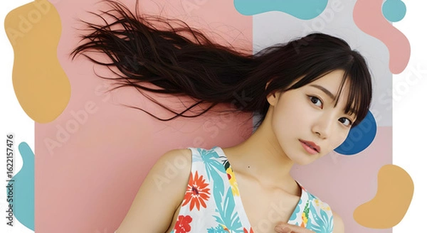 Obraz 抽象的でカラフルな背景に映えるフラワーパターンの夏ワンピースとなびく髪が印象的な女性モデルによる限定版サマーファッションラインのアート風広告ビジュアル - 生成AI