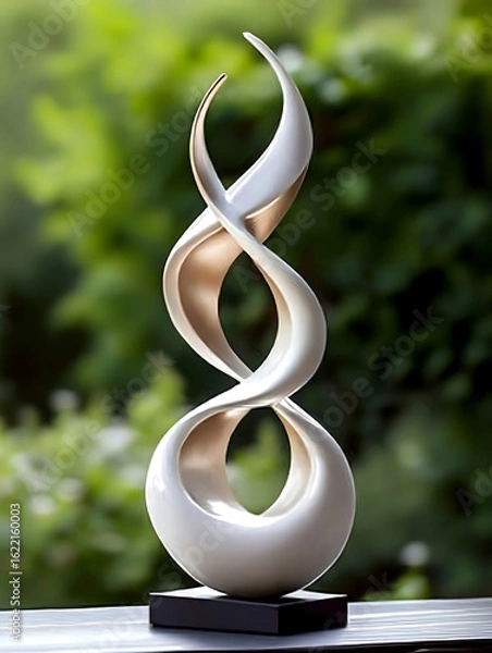 Fototapeta Elegant White and Gold Twisted Sculpture on Black Base with Outdoor Background