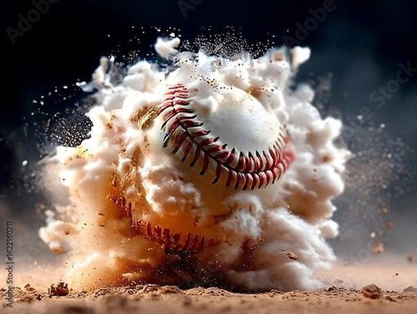 Fototapeta Baseball in Motion Creating Explosive Dust Cloud on Dirt Field