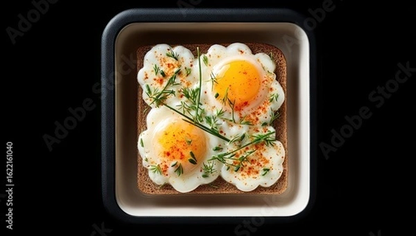 Fototapeta Three sunny-side-up eggs atop toasted bread, garnished with herbs and spices.  Aromatic and appetizing breakfast dish
