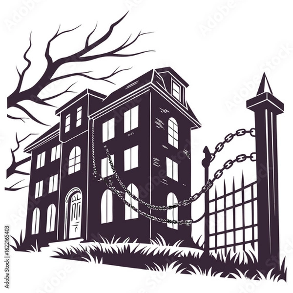 Fototapeta Illustration of a spooky haunted house with chains isolated on white background