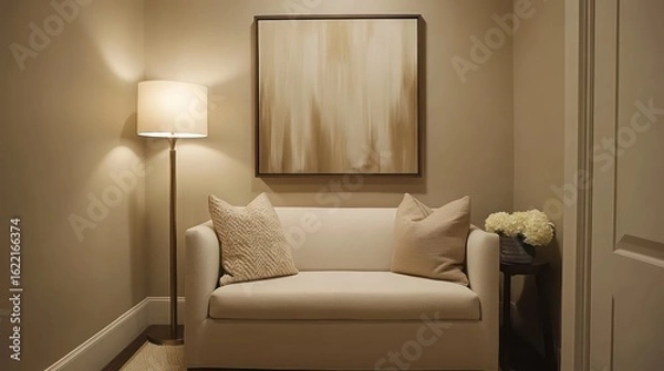 Fototapeta A contemporary reading corner with a comfortable sofa, elegant floor lamp, large artwork on the wall, and muted color palette for a relaxing vibe