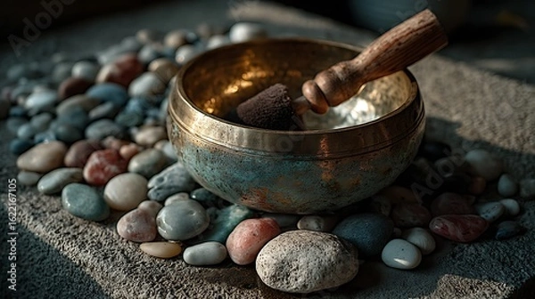 Fototapeta Golden Singing Bowl  Mallet on Pebbles Meditation  Mindfulness Concept.