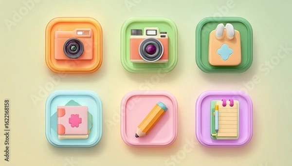 Fototapeta Six pastel-colored, square app icons, featuring various creative tools.  Icons depict cameras, a notepad, and a pencil.  3D style with a soft, light background