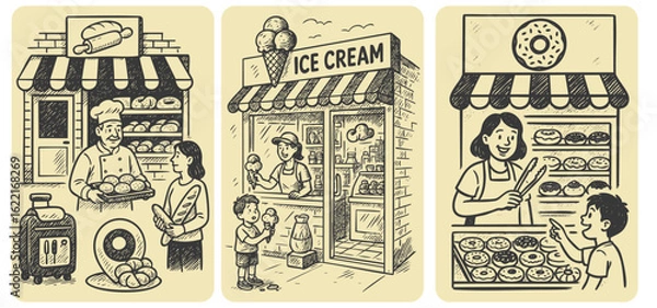 Obraz Bakery, Ice Cream, and Donut Shops – Sepia Tone Vintage Vector Trio of Dessert Storefronts

