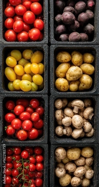 Obraz Fresh produce in dark wooden trays, various colorful fruits & vegetables