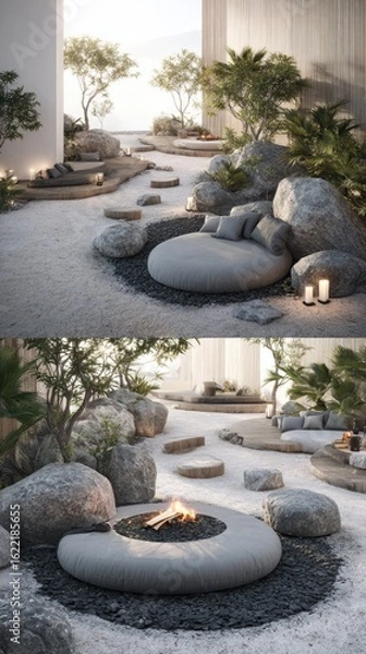 Fototapeta Zen-like patio with fire pit and lounge seating.  Sunlight streams through trees