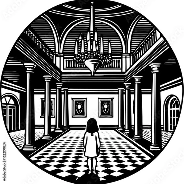 Fototapeta Haunted mansion interior with girl chandelier portraits columns checkerboard floor spooky gothic architecture design vector Illustration