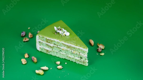 Obraz Pistachio Kunafa Viral Green mousse cake slice topped with pistachios on vibrant green background suitable for dessert menus or culinary presentations