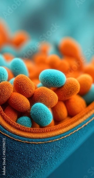 Fototapeta Close-up view of microscopic, vibrant orange and teal-colored organic structures clustered within a dark-blue membrane