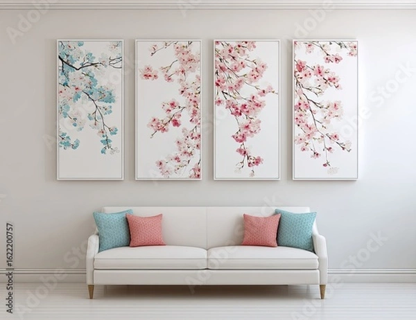 Fototapeta White room with a light-colored sofa and framed cherry blossom prints
