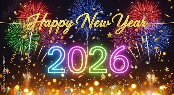 Obraz Vibrant Fireworks and Neon 2026 Celebrate the New Year with Gold