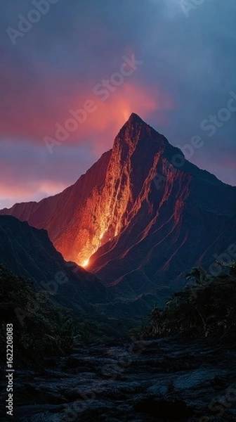 Fototapeta Volcanic mountain peak at sunset