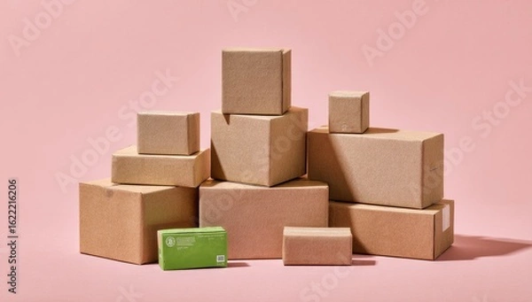Fototapeta Stacked cardboard boxes of various sizes against a pink background. A small, light green object sits amongst them