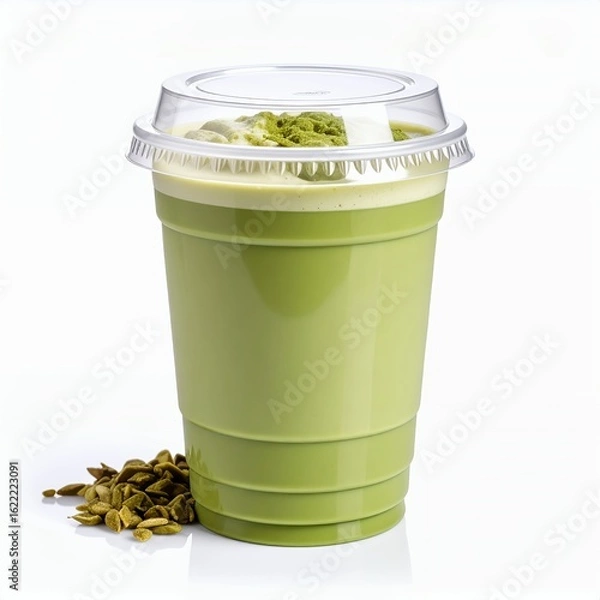 Fototapeta Refreshing matcha latte with toasted seeds in a clear cup close-up presentation on white background