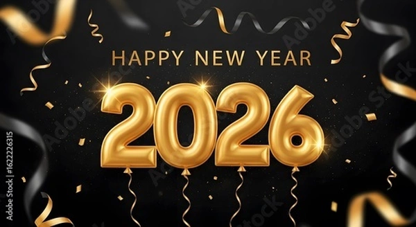 Obraz Golden Balloon Numbers Announce Happy New Year 2026 on Black Bac