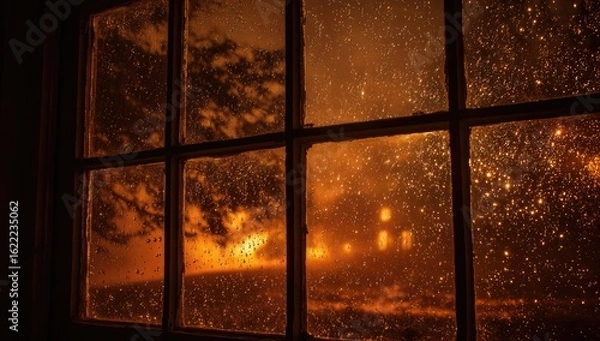 Fototapeta Rainy night view through a window. Warm, muted colors of a night scene outside