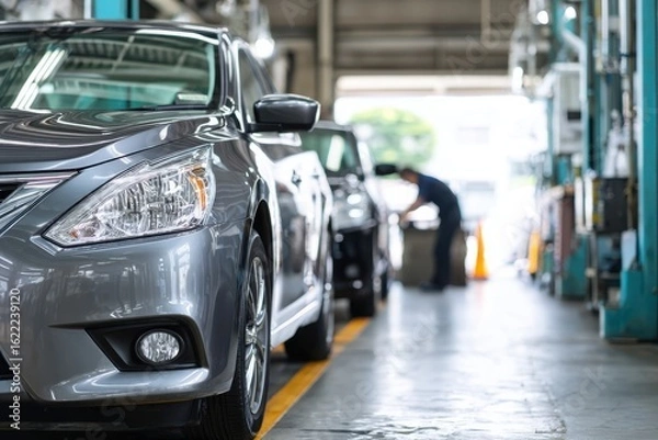 Fototapeta Modern car being serviced in a clean, well-lit automotive workshop auto service garage, showcasing maintenance, diagnostics, and mechanical repair environment.