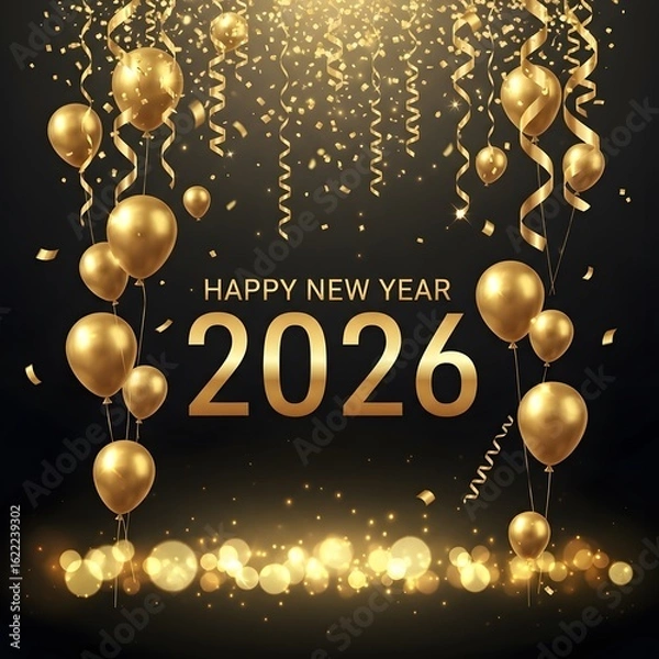 Fototapeta Golden Celebration Balloons and Confetti for Happy New Year 2026