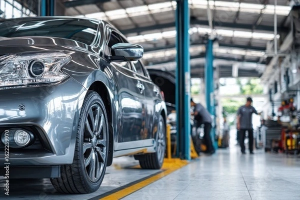 Obraz Modern car being serviced in a clean, well-lit automotive workshop auto service garage, showcasing maintenance, diagnostics, and mechanical repair environment.