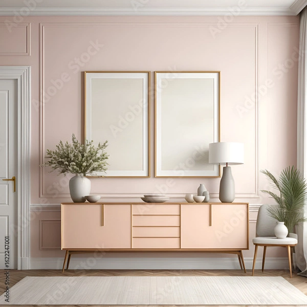 Fototapeta frame mockup for wall art in dining room interior design textured plaster wall in pastel tones mid-century modern decor elegant buffet display 3D render customizable artwork presentation