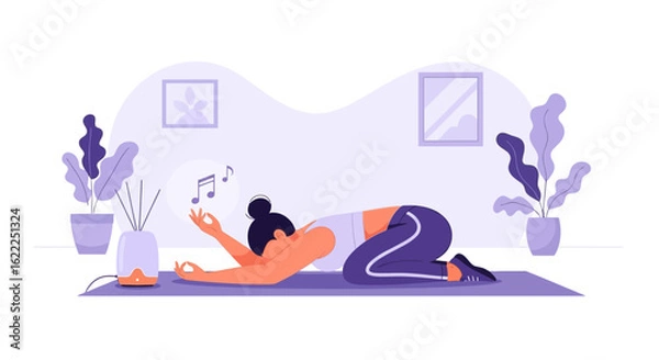 Fototapeta Balanced Lifestyle Woman Practicing Yoga with Aromatherapy And Peaceful Music