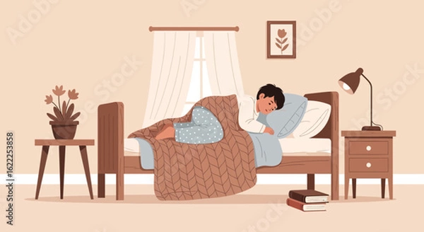 Fototapeta Boy Peacefully Dreaming At Night In Bed In A Cozy Bedroom Interior