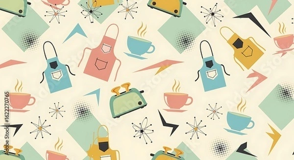 Fototapeta Mid century modern kitchen pattern with aprons and toasters