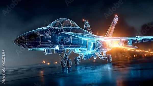 Fototapeta A digital wireframe hologram of a fighter jet on a dark tarmac, glowing blue with detailed lines, showcasing modern aerospace design	