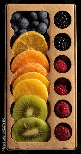Fototapeta Colorful fruit slices and berries in a brown cardboard box